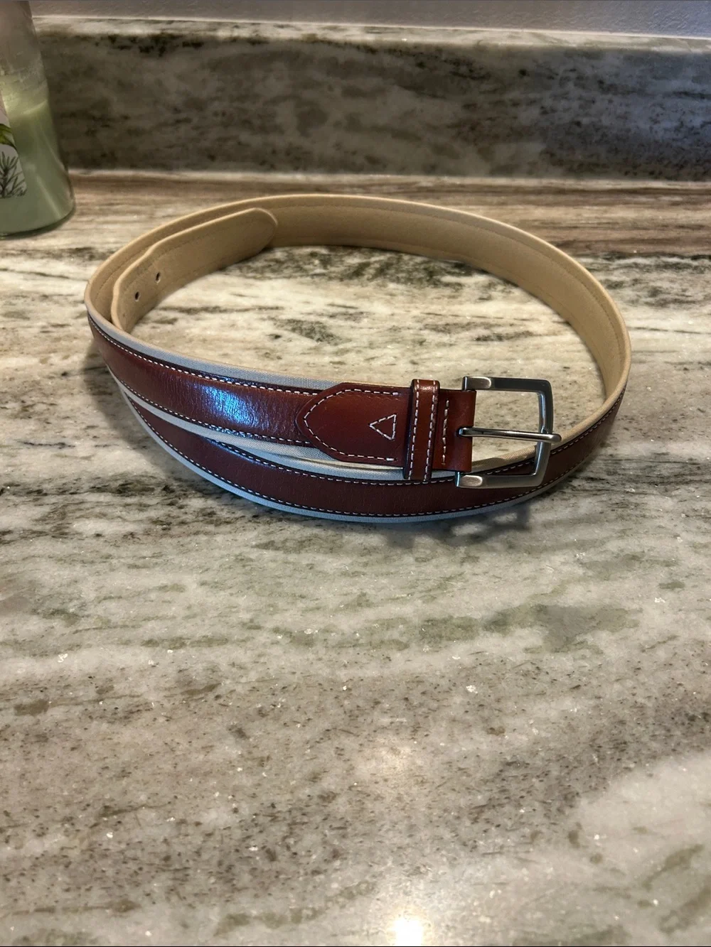 Tommy Bahama Brown and Cream Leather Belt with Contrast Inlay